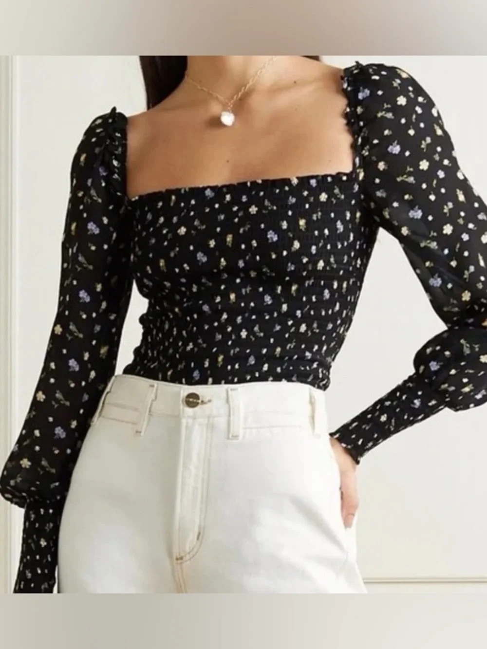 Reformation Pinto Smocked Floral Blouse | XS | Black Floral